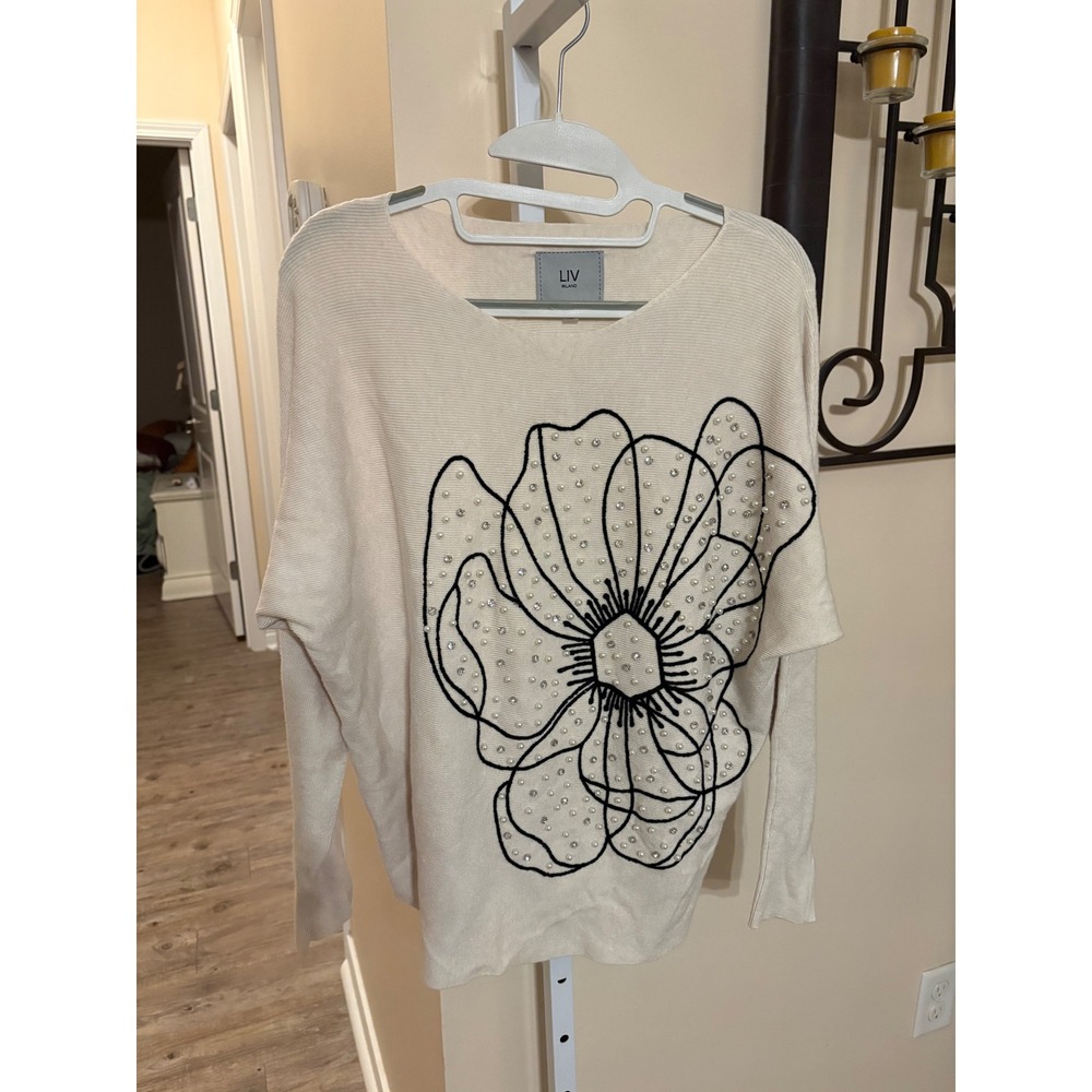LIV Milano Cream Floral Pearl Rhinestone Dolman Sleeve Knit Sweater Large